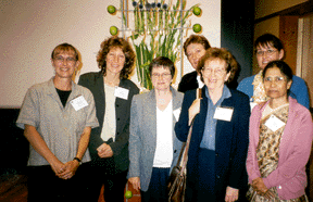 Some officers of the IFRWH. Left to right, Nancy Hewitt (outgoing vice president); Lynn Abrams (outgoing secretary-treasurer); Mary O'Dowd (incoming president); Karen Hunt (incoming secretary-treasurer); Pat Grimshaw (outgoing president); Pirjo Markkola (incoming vice president); and Shirin Akhtar (incoming board member). Photo courtesy Karen Offen.